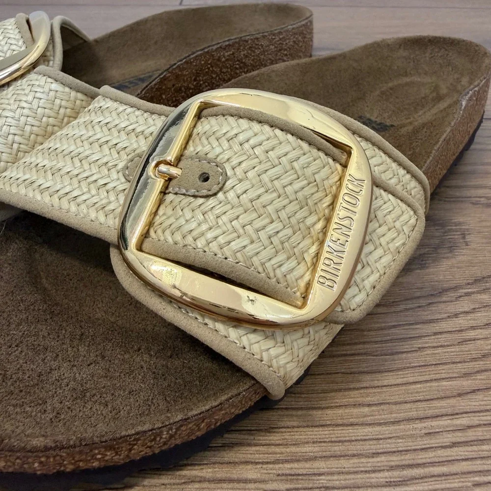 Birkenstock Madrid Big Buckle Raffia Slide 39 Beige Women Sandal Gold Buckle